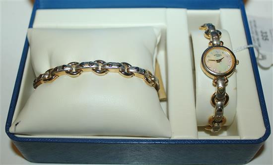 Rotary ladies two-tone gold-plated quartz wristwatch and bracelet set, cased